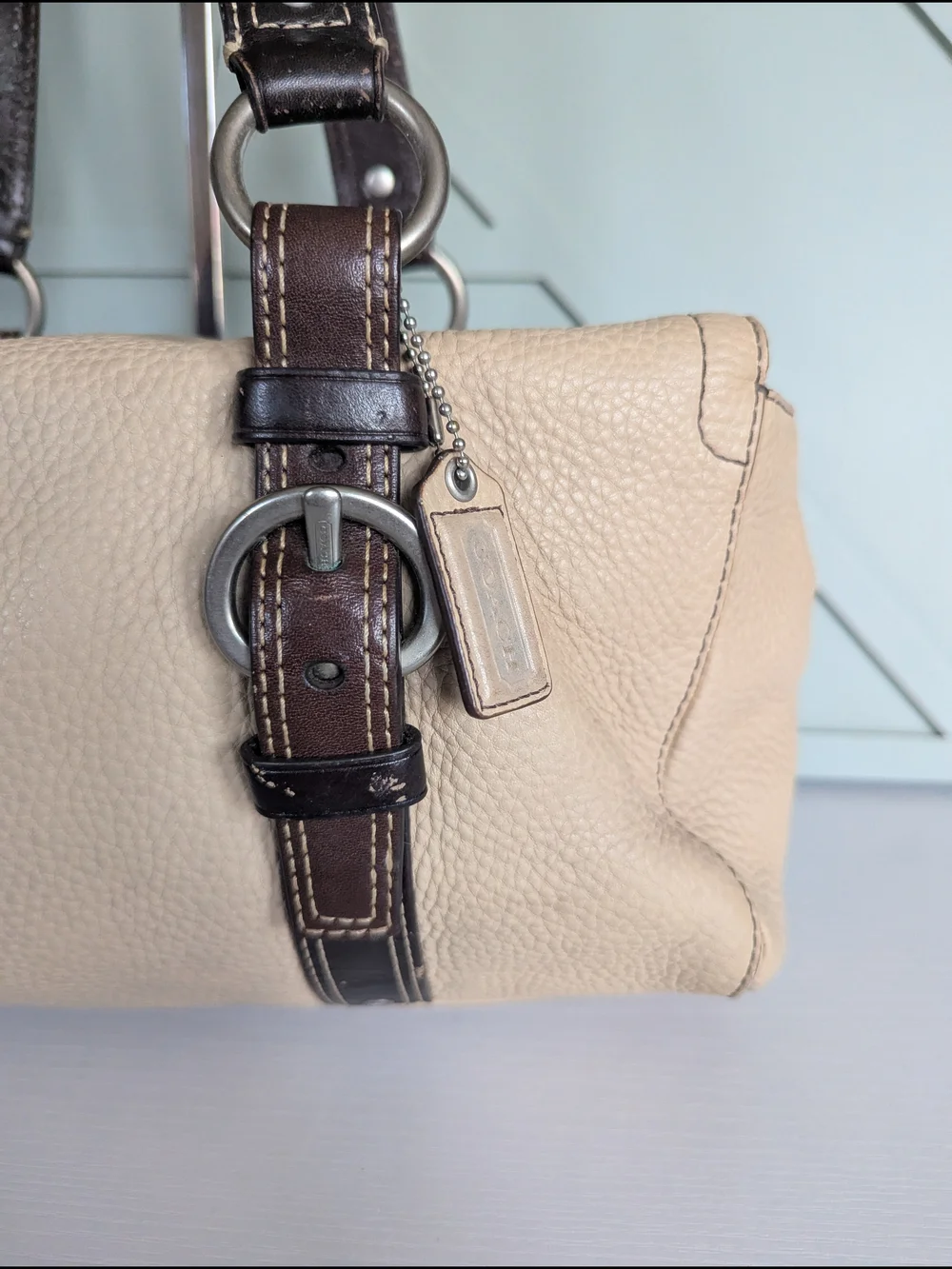 Coach Beige Leather Satchel with Dark Brown Straps